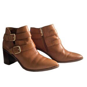 Franco Sarto Tan Camel Leather Double Gold Buckle Stacked Heel Booties